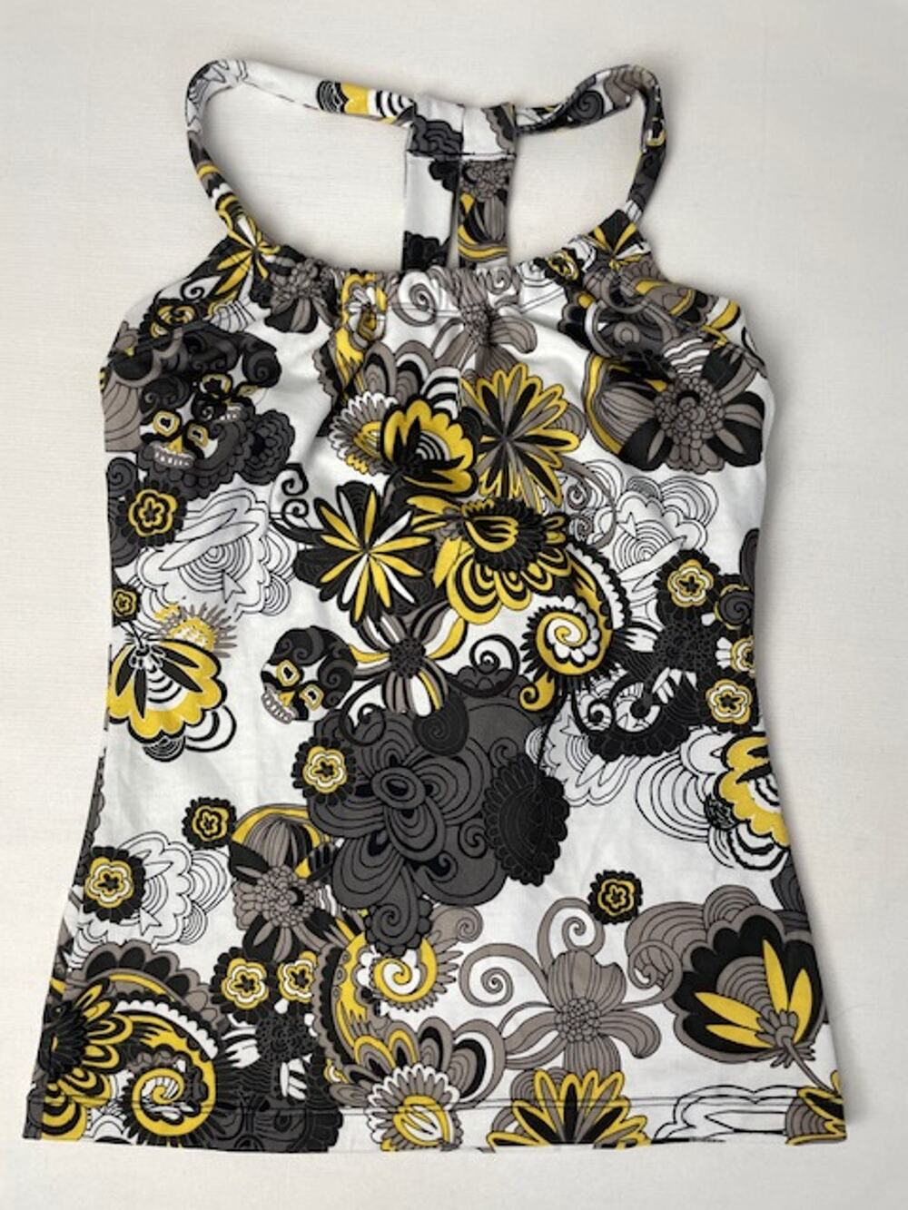 prAna Floral Yoga Tank Top Shelf Bra Racerback Activewear Yellow Gray Size S